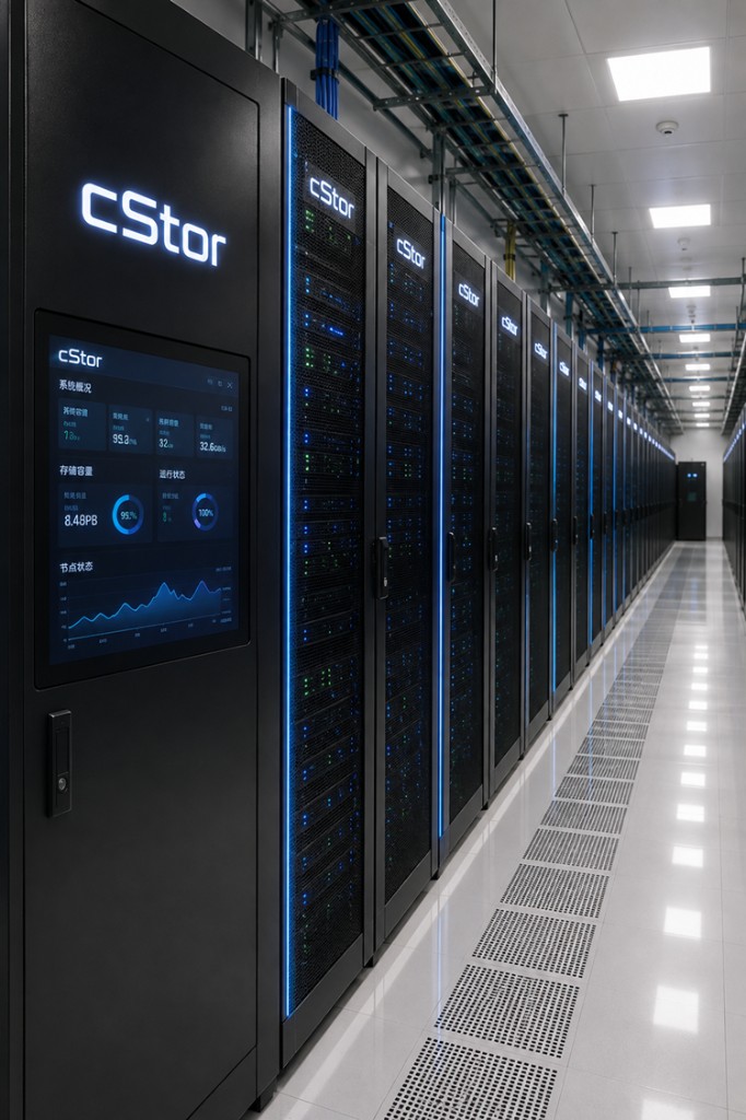 cStor 60 节点全闪集群机房实景：黑色机柜阵列与集成触摸屏显示实时监控面板